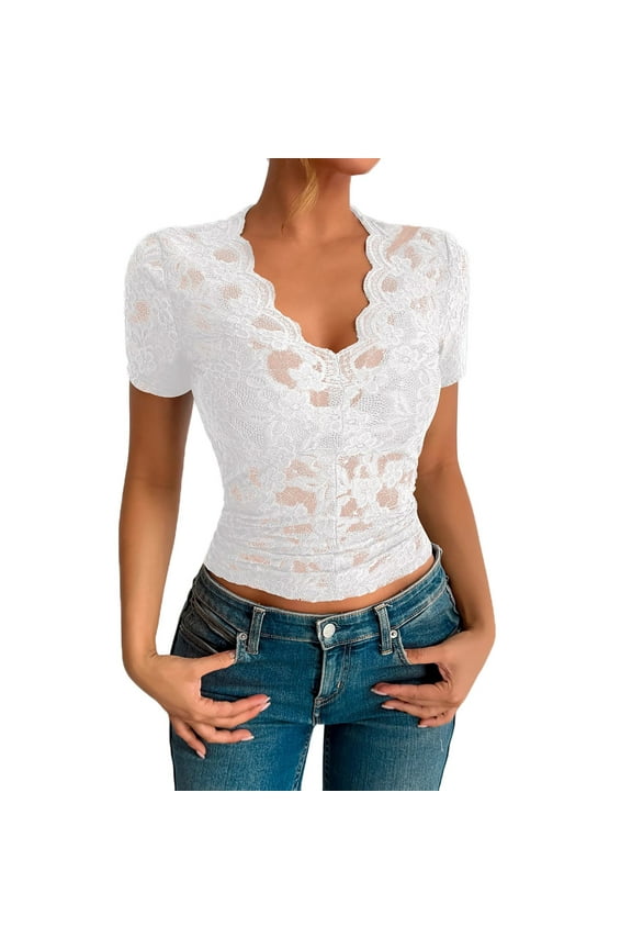 Womens Crop Tops Short Sleeve Wave Deep V Neck Floral Embroidery Mesh Lace Blouse T-Shirt