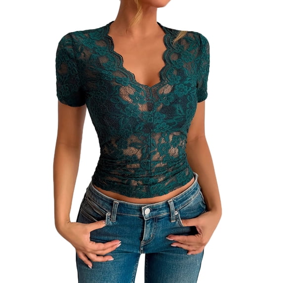 GigrtiJin Womens Crop Tops Short Sleeve Wave Deep V Neck Floral Embroidery Mesh Lace Blouse T-Shirt
