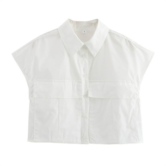 GigrtiJin Womens Cropped Button down Shirts Cap Sleeve Collared V Neck Summer Solid Color Crop Tops with Pockets