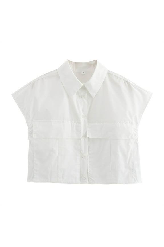 Womens Cropped Button down Shirts Cap Sleeve Collared V Neck Summer Solid Color Crop Tops with Pockets