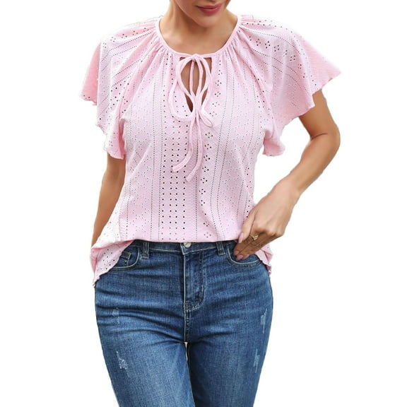 GigrtiJin Womens Cute Tops Shoulder Wiping Sleeve Round Neck Cutout Bow Tie Crochet Pullover Blouse T-Shirt