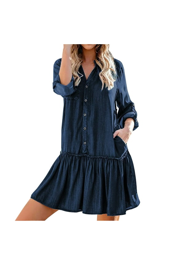 Womens Denim Dresses Long Sleeve Button down Ruffle Hem Dresses Fall Fashion Dress with Pockets