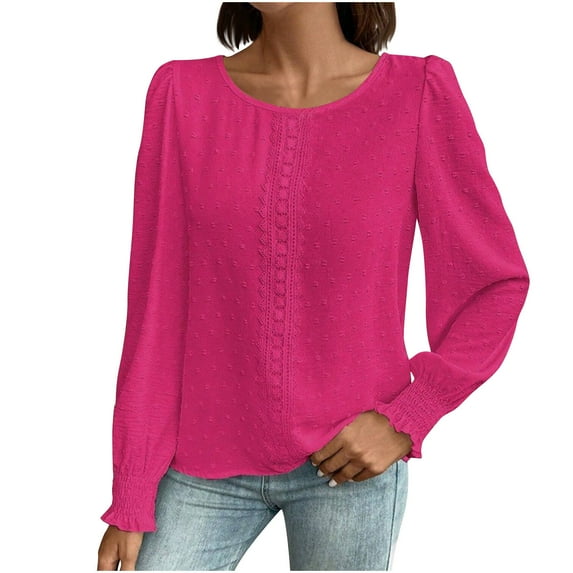 GigrtiJin Womens Dots Lace Blouse Summer Fashion Lantern Long Sleeve Casual Top Crew Neck Elegant Dressy Shirt