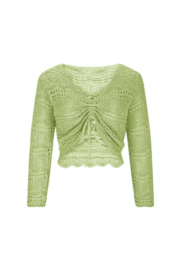 Womens Drawstring Crop Knit Top Long Sleeve V-Neck Crochet Ruched Pullover Top Solid Color Comfy Loose Blouse