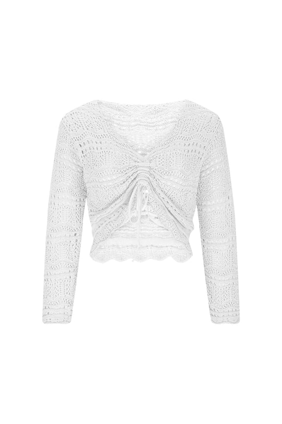 Womens Drawstring Crop Knit Top Long Sleeve V-Neck Crochet Ruched Pullover Top Solid Color Comfy Loose Blouse