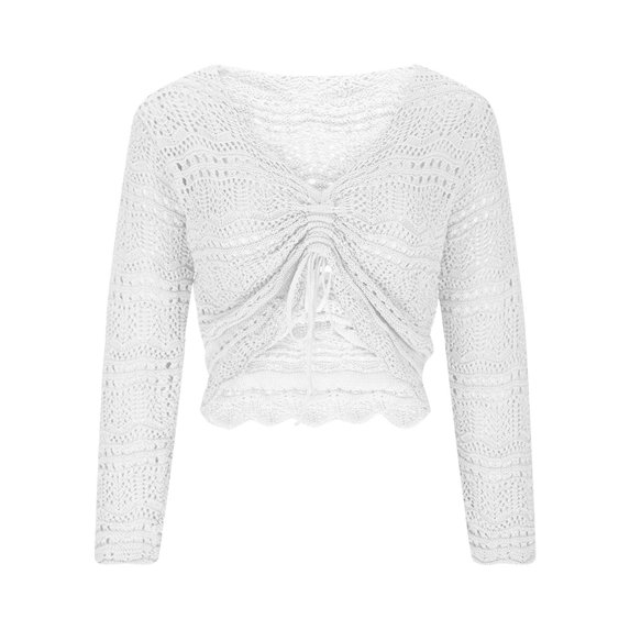 GigrtiJin Womens Drawstring Crop Knit Top Long Sleeve V-Neck Crochet Ruched Pullover Top Solid Color Comfy Loose Blouse