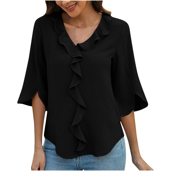 GigrtiJin Womens Dressy Casual Blouses 3/4 Sleeve V Neck Ruffle Tops Ladies Summer Trendy Work Business Shirt