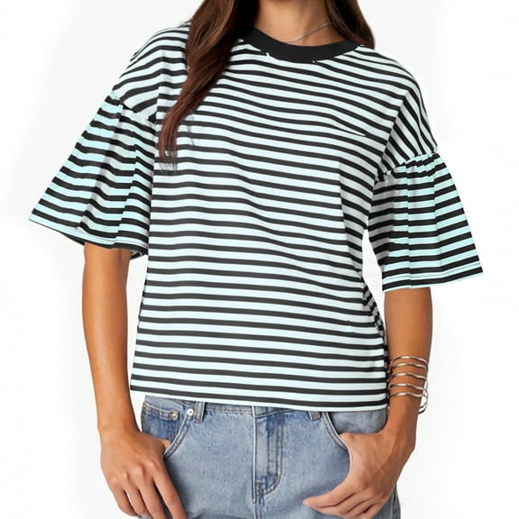 GigrtiJin Womens Dropped Shoulder Short Bell Sleeve Tops Crew Neck Striped Casual T-Shirt Comfy Versatile Blouse