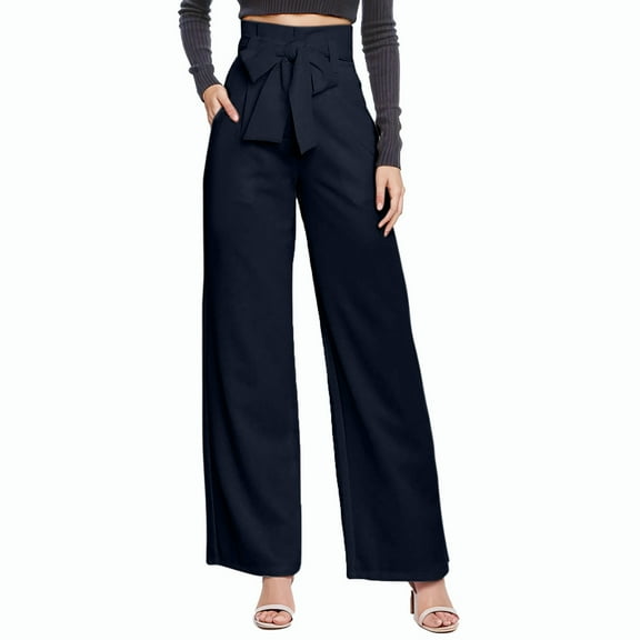 GigrtiJin Womens Elegant Palazzo Pants Solid Color High Waisted Bow Tie Wide Leg Long Pants with Pocket Trendy Office Suit Pants