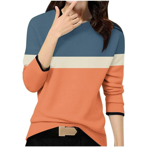 GigrtiJin Womens Fall Colorblock Tops Long Sleeved Round Neck Casual Pullover Blouse Fashion Comfy Loose T-Shirt