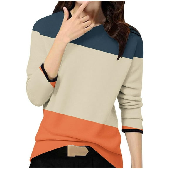 GigrtiJin Womens Fall Colorblock Tops Long Sleeved Round Neck Casual Pullover Blouse Fashion Comfy Loose T-Shirt