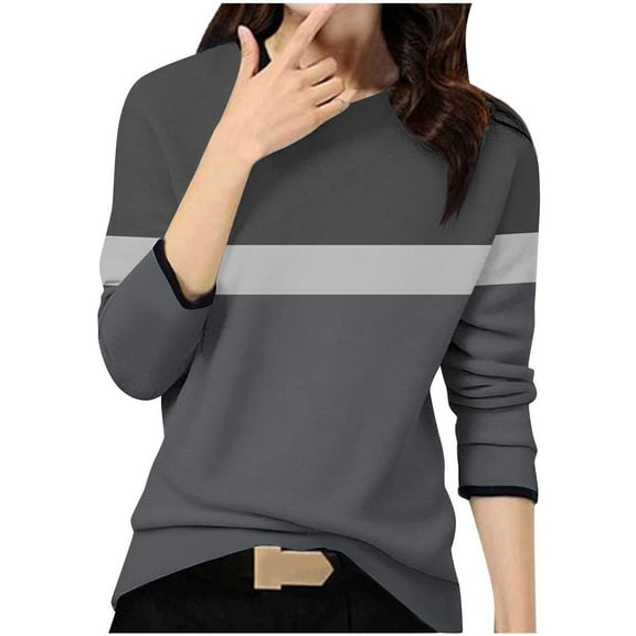 GigrtiJin Womens Fall Colorblock Tops Long Sleeved Round Neck Casual Pullover Blouse Fashion Comfy Loose T-Shirt