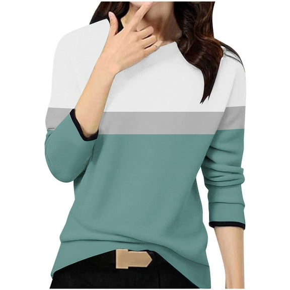 GigrtiJin Womens Fall Colorblock Tops Long Sleeved Round Neck Casual Pullover Blouse Fashion Comfy Loose T-Shirt