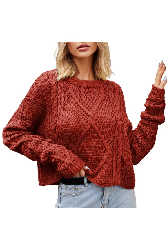 Womens Fall Crop Sweater Tops Long Sleeve Round Neck Pullover Sweater Going out Casual Solid Color Blouses