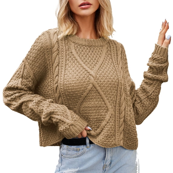 GigrtiJin Womens Fall Crop Sweater Tops Long Sleeve Round Neck Pullover Sweater Going out Casual Solid Color Blouses