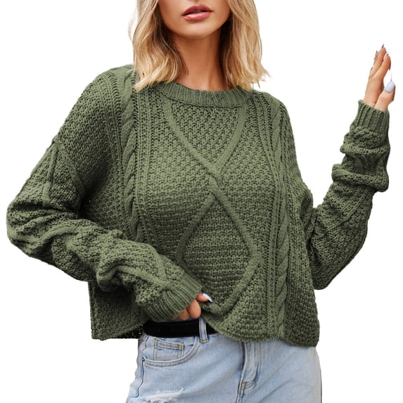 GigrtiJin Womens Fall Crop Sweater Tops Long Sleeve Round Neck Pullover Sweater Going out Casual Solid Color Blouses