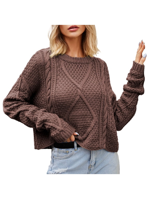 Womens Fall Crop Sweater Tops Long Sleeve Round Neck Pullover Sweater Going out Casual Solid Color Blouses