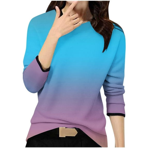 GigrtiJin Womens Fall Gradient Tops Long Sleeved Round Neck Casual Loose T-Shirt Fashion Comfy Pullover Blouse