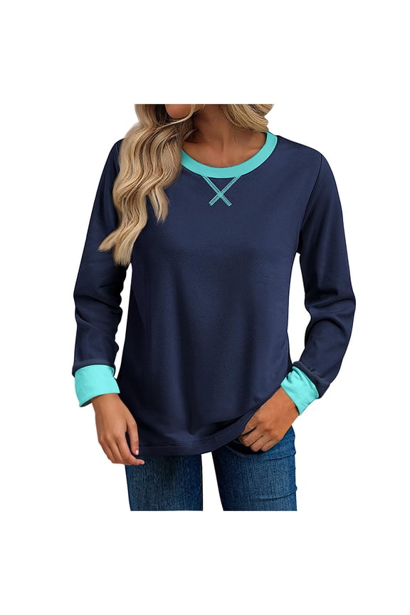 Womens Fall Long Sleeve Tops Color Block Round Neck Casual Cute T Shirts Winter Clothes Basic Tees