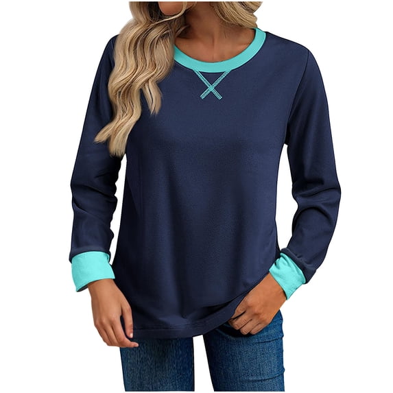 GigrtiJin Womens Fall Long Sleeve Tops Color Block Round Neck Casual Cute T Shirts Winter Clothes Basic Tees