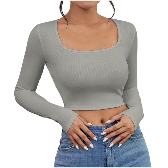 GigrtiJin Womens Fall Square Neck T-Shirt Long Sleeves Cropped Bottoming Tops Casual Comfy Solid Color Slim Blouse