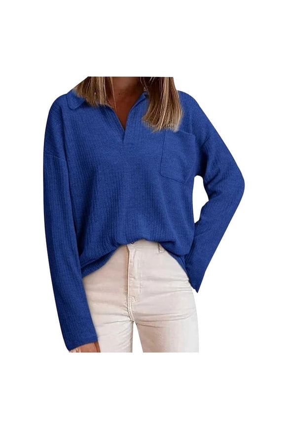 Womens Fall Sweaters Long Sleeves Lapel V Neck Ribbed Knitted Blouse Comfy Loose Casual Pullover Tops