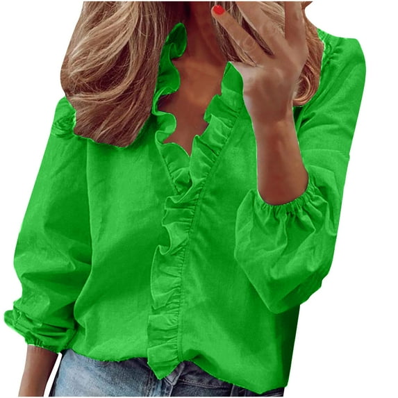 GigrtiJin Womens Fall Trendy Shirts Long Sleeves Solid Color Fashion Ruffle Tops Ladies V Neck Casual Loose Blouses