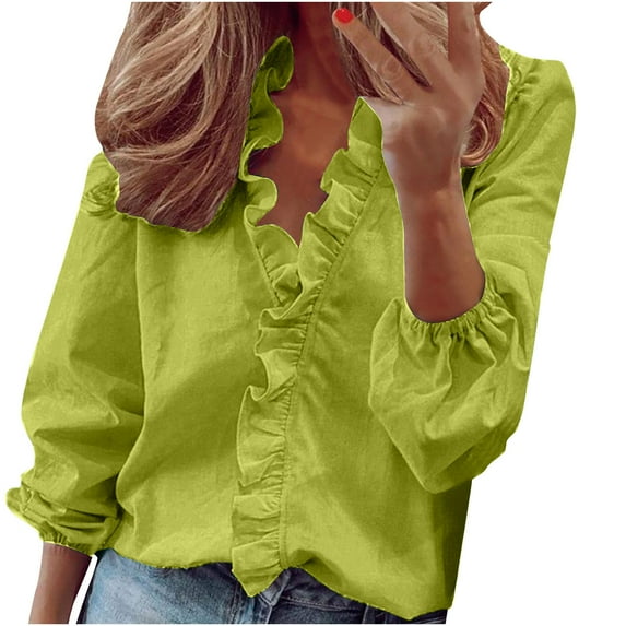 GigrtiJin Womens Fall Trendy Shirts Long Sleeves Solid Color Fashion Ruffle Tops Ladies V Neck Casual Loose Blouses