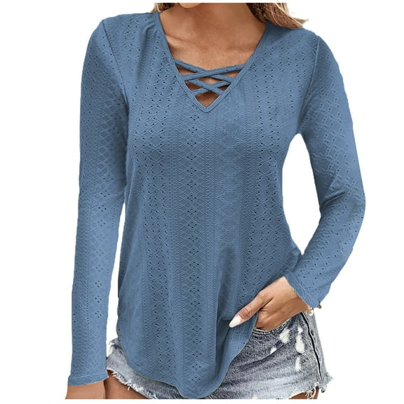 GigrtiJin Womens Fall V-Neck Shirts Long Sleeves Casual Solid Color Pullover Tops Comfy Fashion Loose Blouses