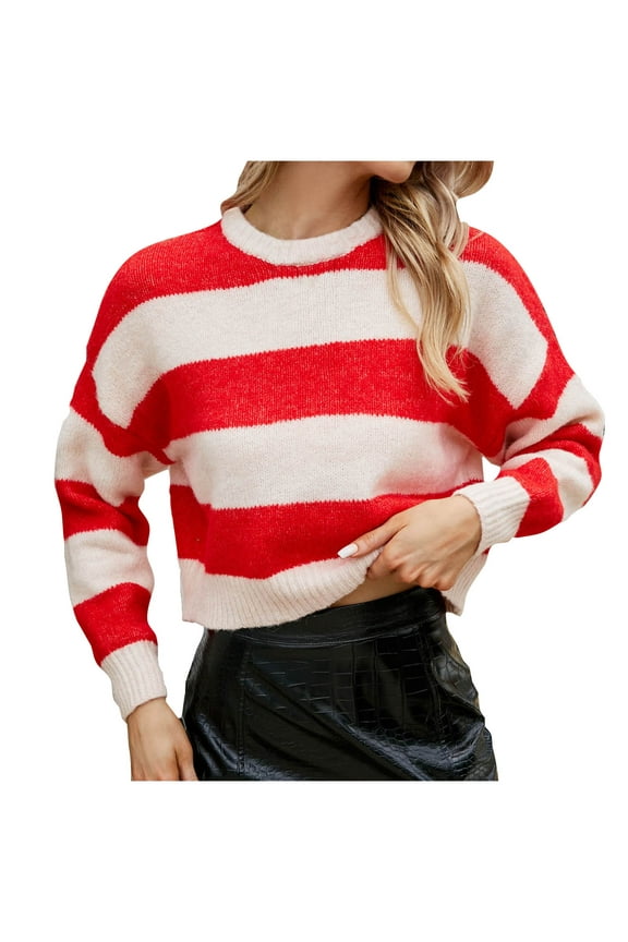 Womens Fall Winter Color Block Sweaters Long Sleeves Round Neck Crop Tops Fashion Casual Comfy Loose Blouses