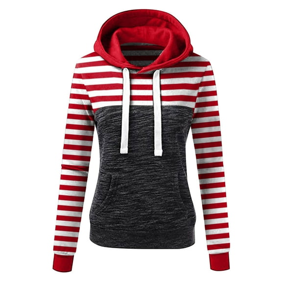 Vrorvz Womens Fall Winter Thermal Hoodies Patchwork Striped Hooded Drawstring Long Sleeve Sweatshirt with Pocket