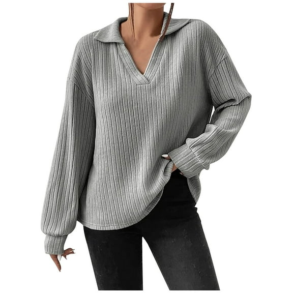 GigrtiJin Womens Fall Winter V-Neck Shirts Long Sleeves Casual Solid Color Pullover Tops Fashion Loose Comfy Blouses