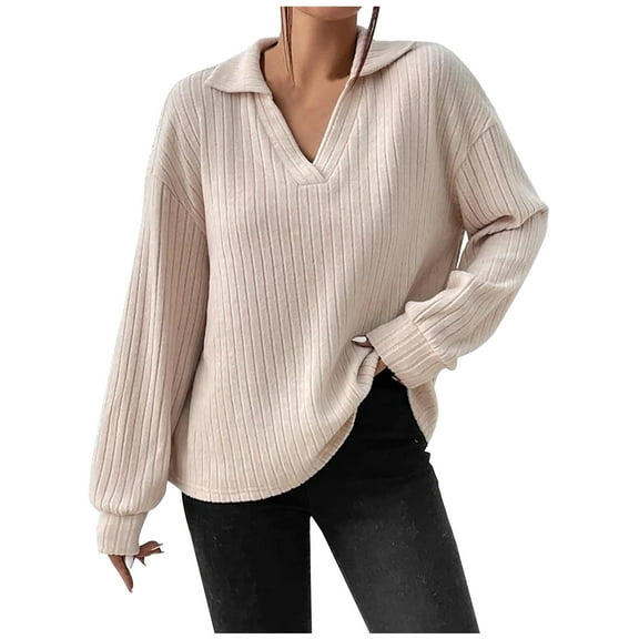 GigrtiJin Womens Fall Winter V-Neck Shirts Long Sleeves Casual Solid Color Pullover Tops Fashion Loose Comfy Blouses