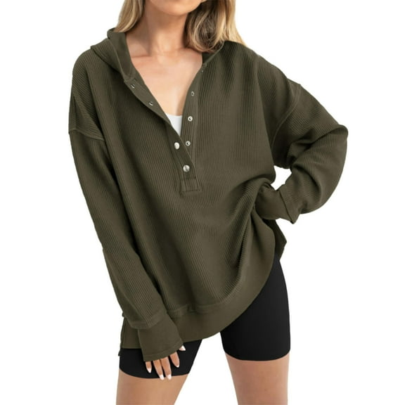 GigrtiJin Womens Fashion Long Sleeve Hoodies Oversized Button up V Neck Sweatshirt Side Slit Casual Pullover Tops