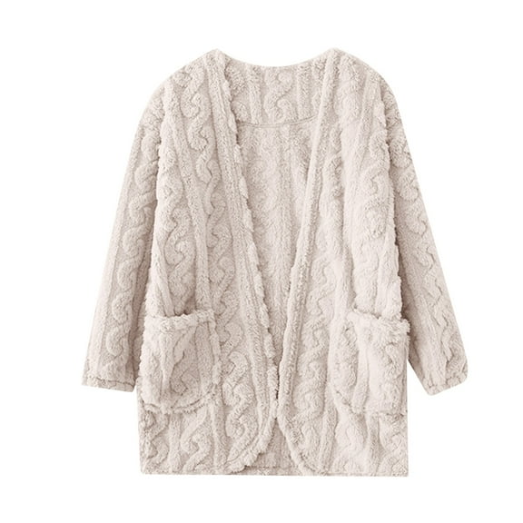 GigrtiJin Womens Flannel Cardigan Nightwear Solid Color Cable Knited Long Sleeve Sleepwear with Pocket Winter Thermal Comfy Pajama