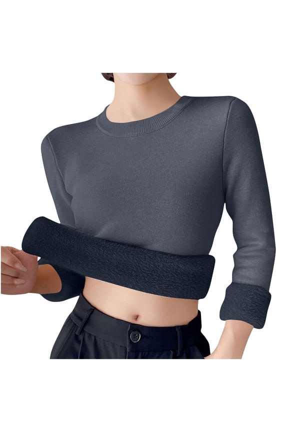 Womens Fleece Sweater Crew Neck Long-Sleeved Pullover Sweaters Tops Warm Comfy Solid Color Basic Blouse