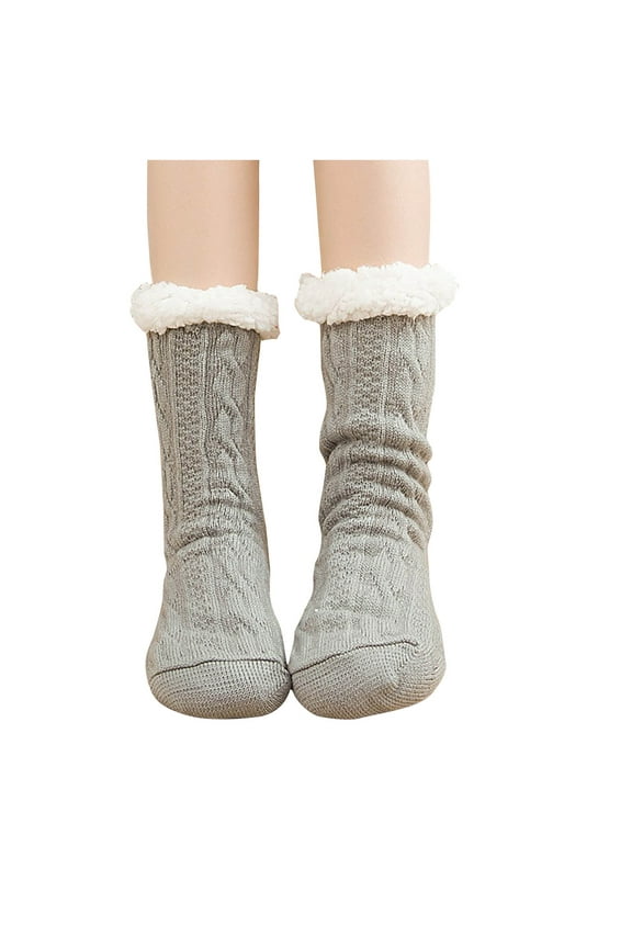 Womens Fleece Thermal Socks Solid Color Cable Knitted Mid Calf Socks Lightweight Casual Socks
