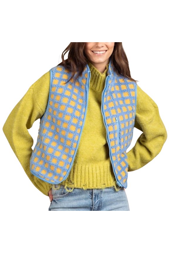 Womens Fuzzy Fleece Vest Checkered Sleeveless Collar Cardigan Zipper Outerwear Jacket with Zip Pocket