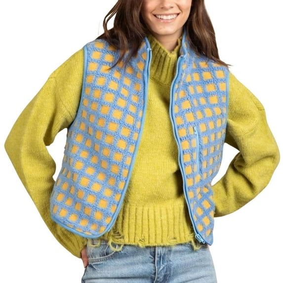 GigrtiJin Womens Fuzzy Fleece Vest Checkered Sleeveless Collar Cardigan Zipper Outerwear Jacket with Zip Pocket