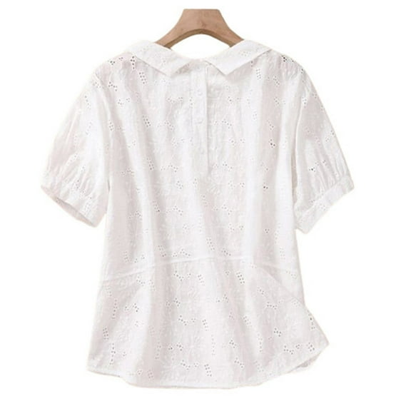 GigrtiJin Womens Hollow out Cotton Linen Shirts Embroidered Short Sleeve Collared Blouse Summer Casual Loose Solid Tops