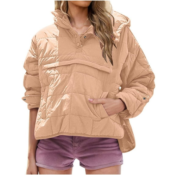 GigrtiJin Womens Hooded Puffer Jackets Pullover Lightweight Jacket Coats Long Sleeve 1/4 Zip up Coat with Pocket