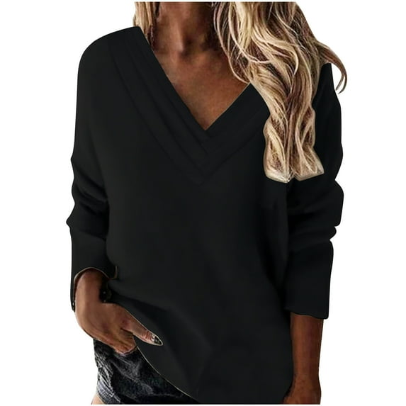 GigrtiJin Womens Hoodless Sweatshirts Long Sleeved V Neck Solid Color Pullover Tops Comfy Casual Loose Blouse