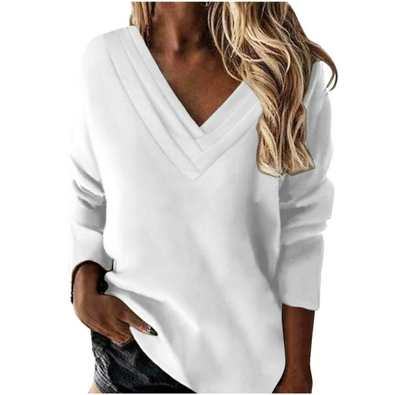 GigrtiJin Womens Hoodless Sweatshirts Long Sleeved V Neck Solid Color Pullover Tops Comfy Casual Loose Blouse