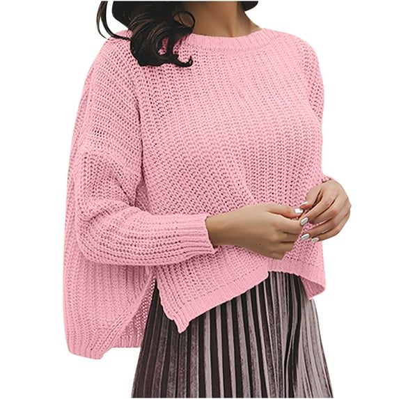 GigrtiJin Womens Knit Cropped Sweater Top Long Sleeve Round Neck Side Slit Pullover Sweaters Casual Comfy Solid Blouse