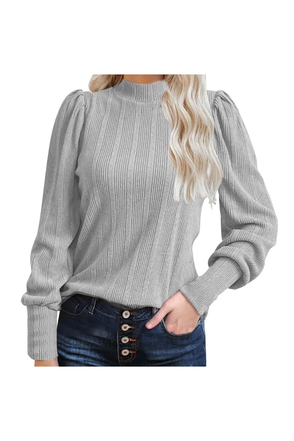 Womens Knit Textured Shirt Blouse Dressy Long Puff Sleeve Mock Neck Tops Trendy Casual Work Spring Shirts