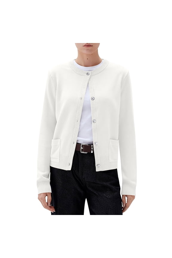 Womens Knitted Casual Jacket Solid Color Button Down Long Sleeve Cardigan Outcoat with Pocket