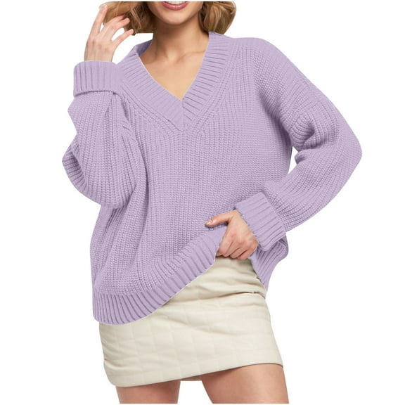 GigrtiJin Womens Knitted Sweater Solid Color V-Neck Loose Pullover Sweaters Top Casual Fashion Warm Comfy Blouse