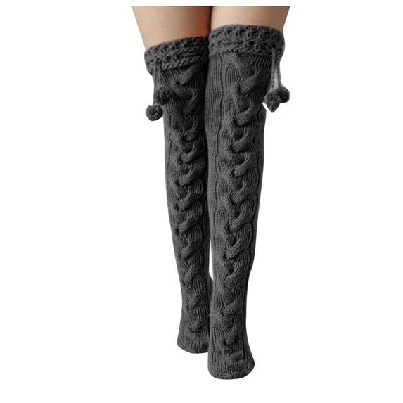 GigrtiJin Womens Knitting Cotton Thigh High Socks Solid Color Cable Knitted Over Knee Socks with Fuzzball