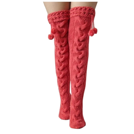 GigrtiJin Womens Knitting Cotton Thigh High Socks Solid Color Cable Knitted Over Knee Socks with Fuzzball