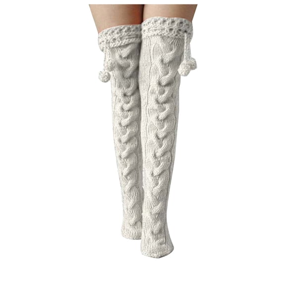 GigrtiJin Womens Knitting Cotton Thigh High Socks Solid Color Cable Knitted Over Knee Socks with Fuzzball